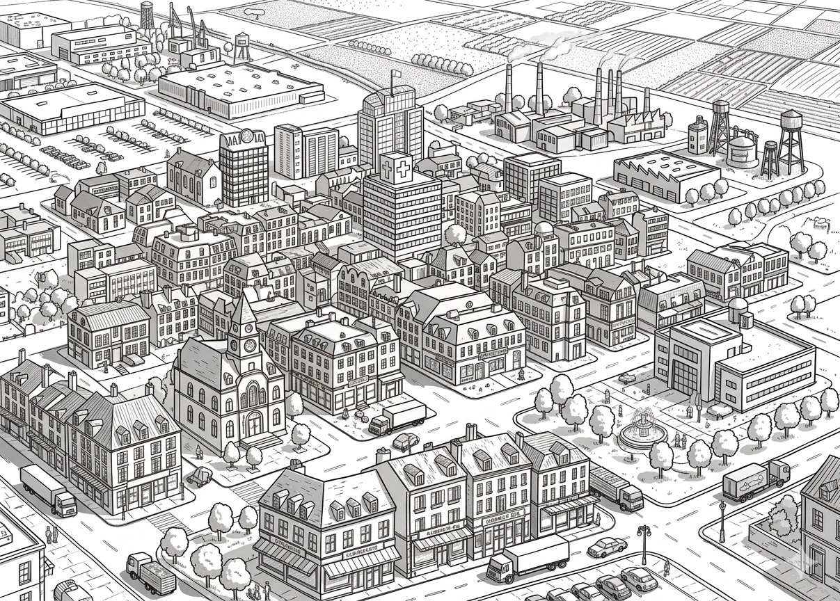 Vue d’une ville : industrie, tertiaire, commerces, résidentiel et agriculture